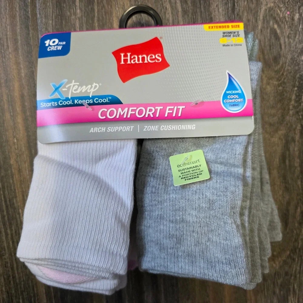 Hanes Womens X-Temp Comfort Fit Crew Socks 10 Pair Pack Extended Size 8-12 Multi
